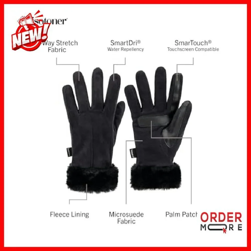 Water Repellent Touchscreen Gloves Faux Fur Cuff Fleece Lined Stretch Fit